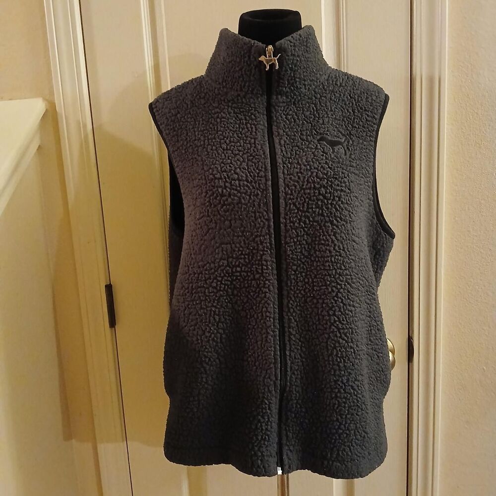 Gray Victoria's Secret PINK sherpa vest silver dog zip embroidered black logo L